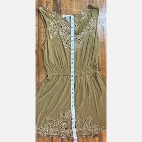 Boho Olive Green Embroidered Mini Dress - Sleeveless, Smocked Waist- M - Picture 4 of 11
